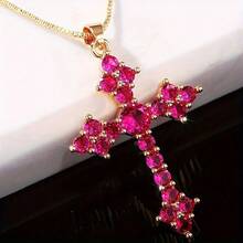Fashion Cross Pendant Necklace Set For Men Women Daily Casual Jewelry - 玫紅色 - 查看 4