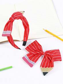 2 件套开学季发夹和头带套装，带黄色/红色/海军蓝铅笔蝴蝶结设计，适合女孩，带手工绑带装饰，适合学生的礼物，开学第一天的发饰