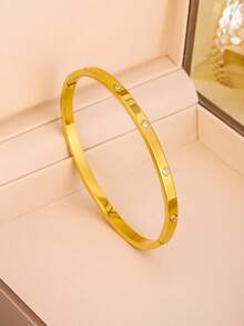 1pc Titanium Steel Bangle, Mirror Polished, Vacuum Electroplated, Anti-Fading Spring Clasp, Lucky Four-Leaf Clover Design With Rhinestones, Classic Fashion For Daily Wear - Three Bracelets - View 5