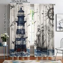 A Pair Of Antique Marine Theme Translucent Curtain Panels-2pcs Marine Sailboat, Seagull, Lighthouse And Compass Printed On Wood Grain Background-Rod Pocket Hanging-Transparent Polyester Curtain For Living Room, Bedroom, Kitchen-Machine Washable