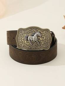 新款西部牛仔风格腰带，休闲复古波西米亚街头时尚 PU 皮革马头扣腰带，适合牛仔裤和休闲装，春夏秋冬秋季，秋季，万圣节秋冬配饰