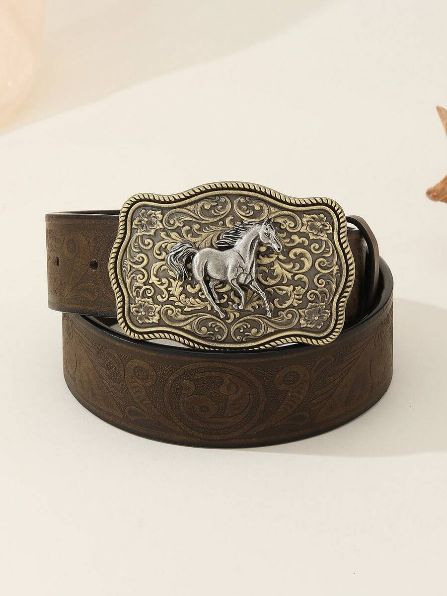 新款西部牛仔风格腰带，休闲复古波西米亚街头时尚 PU 皮革马头扣腰带，适合牛仔裤和休闲装，春夏秋冬秋季，秋季，万圣节秋冬配饰