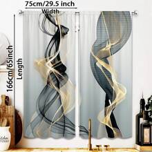 2pcs Of Black And Golden Smoke Pattern Curtains Abstract Geometric Flow Art Line Design Curtains 3D Solid Printing Sunshade Curtains Living Room, Bedroom, Study Balcony, Office Window Decoration Minimalist Style Decoration Creates A Stylish Atmosphere