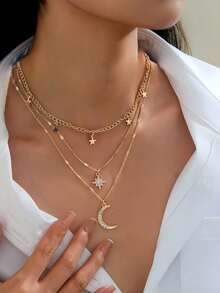 1 件欧美时尚钻石镶嵌五角星新月吊坠多层项链个性锁骨链项链