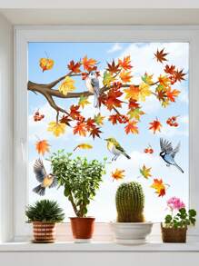 1 pièce Autocollants de fenêtre pour la décoration d'automne à la maison, avec série de petits oiseaux dessinés à la main et de branches, y compris un cardinal, des feuilles d'érable doré, un bulbul, un perroquet, des branches de moineaux. Autocollants statiques pour la chambre, le salon, la cuisine, la salle de bain, l'armoire