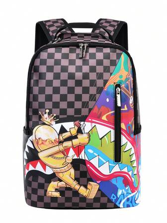 1pc Unisex Plaid Print School Backpack, Large Capacity, Adjustable Shoulder Straps, Zipper Closure, Polyester Lining, Water-Resistant & Durable Fabric, Suitable For Commuting, Daily Use, Back-To-School Gift