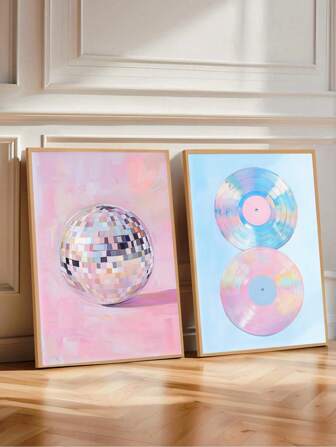 1 件无框迪斯科球海报唱片墙面艺术，多巴胺装饰可打印墙面艺术粉色和蓝色印刷少女海报艺术