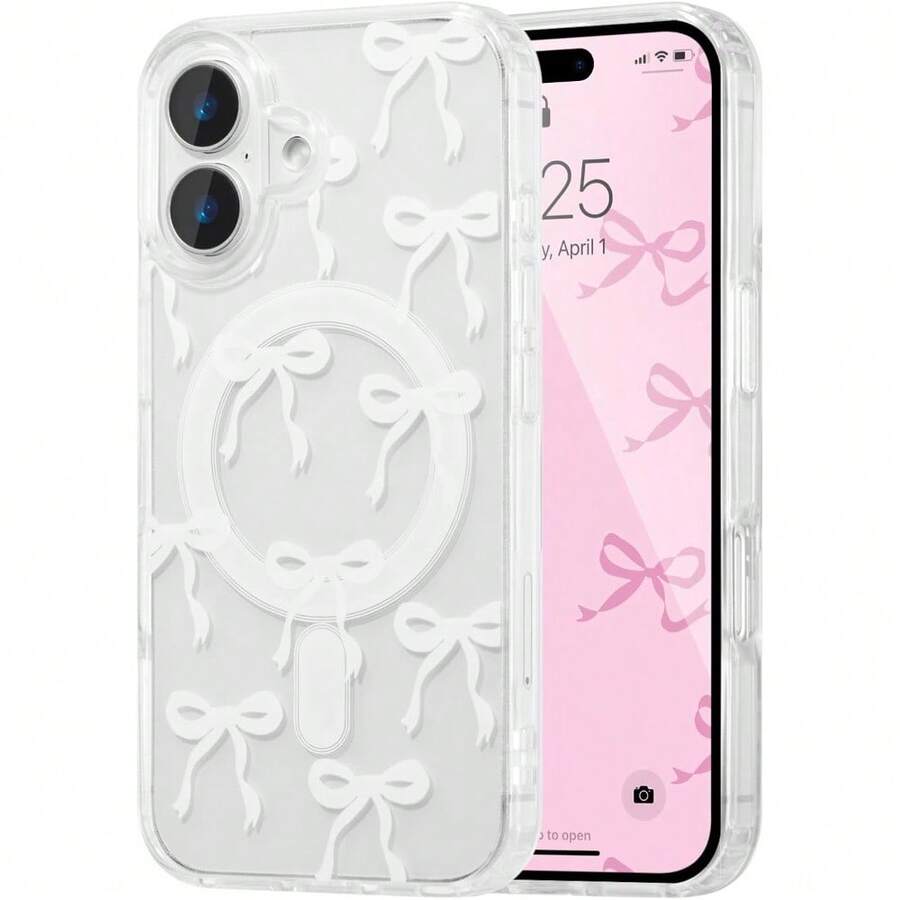 Magnetic For IPhone 16 16E 16 Pro 16 Promax 16 Plus 15 14 13 12 11 17/17pro/17promax/17air/17E Case, Bow Case Compatible With MagSafe, Wireless Slim Clear Ribbon Aesthetic Phone Cover Anti-Yellowing Shockproof Protective Cover For Women Girl - White - TMCX 蝴蝶結 白色 - 查看 1