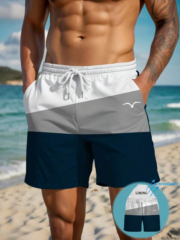 Pantalones cortos de verano para hombres con estampado impreso, cintura con cordón, bolsillo en diagonal, secado rápido de doble capa con forro de malla, estampado artístico 3D a contraste de gaviota, pantalones de baño casuales y de playa de moda para resort