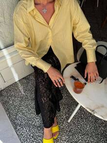 DEEKA 新款夏季女装时尚网红风格休闲黄色条纹宽松衬衫 - 黃色 - 查看 6