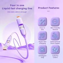 4-In-1 Liquid Silicone Multifunctional Super Fast Charging USB A/Type-C/Lightning LED Lighting Cable, Efficient Data Transfer Compatible With IPhone 16/15/14/13/12/11/Xs/Xr/8/7/6, S24 Ultra/S24/S23 Ultra/S23/S22/S21, Universal Data Cable Compatible With IPhone, Android, Camera, MP3 Universal Adapter Charger