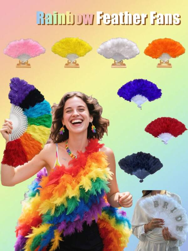 1pc Music Festival Decoration, Rainbow LGBT Colorful Full Velvet Feather Hand Fan Spring Summer Autumn Heat Dissipation Fashion Dress Up Handheld Stage Clothing Runway Performance Props Holiday Party To Celebrate Props Hand Fan