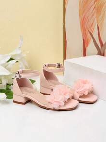 Sandal Musim Panas Ujung Persegi Tumit Persegi Dekorasi Bunga Sepatu Dansa Hak Tinggi Anak Perempuan Sandal Aktivitas Sehari-hari Pertunjukan Siswa - Berwarna merah muda - View 5