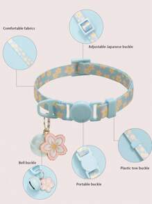 1pc Polyester Flower Print Pet Collar With Cherry Blossom Charm And Bell, Quick Release Buckle, Adjustable Size Suitable For Cats And Small Dogs, Seasonal Use
