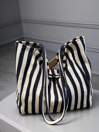 Fashionable Retro Striped Canvas Tote Bag, Large Capacity, Versatile Use, Ideal For Work, School Or Outdoor Activities, Can Be Used As Backpack, Canvas Bag Or Beach Bag