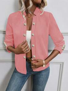 Chaqueta delgada con botones de manga larga de unicolor para mujer para primavera/otoño - Rosa - Ver 3