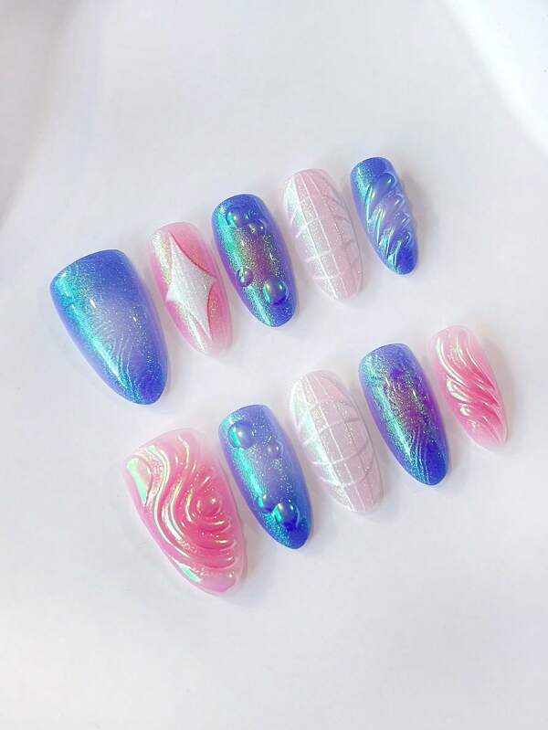 10pcs/Set Summer Y2K Style Handmade Press On Nails 3D Almond Press On Nails.Suitable For Women And Girls,Party,Daily Wear