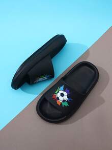 Kids EVA Foam Slippers, Lightweight Non-Slip Soft Soles Football Design, Comfortable Home/Casual Slip-On, Quick Drying, Solid Color, Thick Sole, Suitable For Boys & Girls, Beach Sandal - Black - View 4