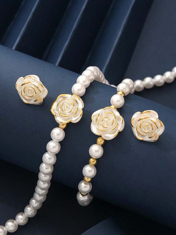 4pcs Jewelry Set: 1 Pair Of Earrings, 1 Necklace, 1 Bracelet. Elegant Lady Fashion Retro Faux Pearl Quality High-End Design Necklace And Earrings Set, Suitable For Party, Daily Wear, Holiday Gift