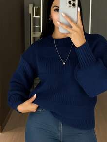 Blusa de Tricô Feminina detalhes em Listras - Azul Marinho - Visão 2