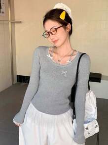 Women's Semi-Open Collar Bow Lace Splicing Knit Sweater, Slim Fit Long Sleeve T-Shirt Top