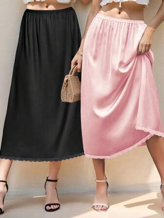 QING ROU Women's Satin Contrast Lace Lining Skirt, New Anti-Sheer Anti-Flashing Ruffle Hem A-Line Skirt, Matching Outfit