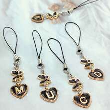 1pc Metallic Heart & Alphabet Letter A-Z Charm Phone Pendant - Black - View 9