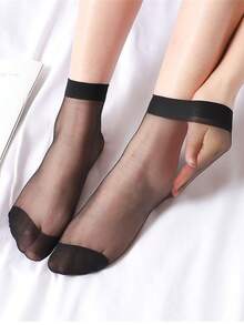 3 双纯色透明透气时尚水晶丝中筒袜，适合女士日常穿着 - 黑色 - 查看 5