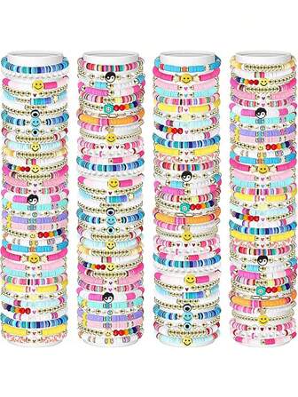 15 Pcs Random Preppy Heishi Bracelets Set Friendship Bracelets Bulk Adjustable Stretch Beaded Bracelets Colorful Clay Bracelets Bohemian Aesthetic Jewelry For Women Girls Christmas Birthday Party