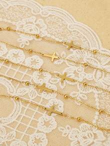 1 件女士十字架仿珍珠青瓷串珠手链套装，时尚西部牛仔风格十字架串珠手链叠戴套装，时尚珠宝礼品，信仰礼品，基督教礼品，友谊礼品