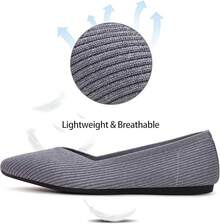 Womens Flat Shoes Classic Pointed Toe Flats Knitted Dress Shoes Soft Comfortable Dressy Flats Women - 灰色條紋 - 查看 5