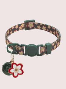1pc Polyester Flower Print Pet Collar With Cherry Blossom Charm And Bell, Quick Release Buckle, Adjustable Size Suitable For Cats And Small Dogs, Seasonal Use