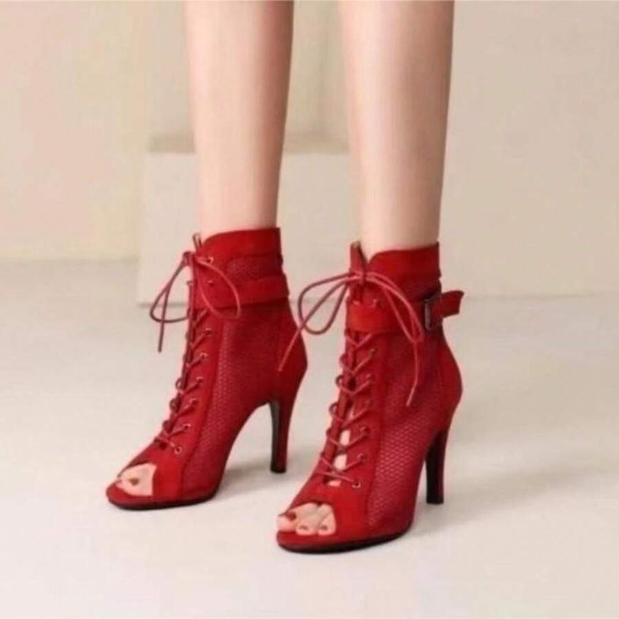 European And American Lace-Up Fish Mouth Mesh Sandals For Women, Size 25, Thin-Heeled Hollowed-Out Jazz Dance High Heels For - 黑色絨面 - 查看 1