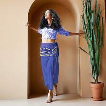 Chiffon Belly Dance Hip Scarf With 128 Coins For Yoga Class - 皇家藍 - 查看 3