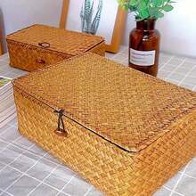 1 件手工编织海草储物篮（带盖），方形手工编织海草收纳盒，家居装饰，家用实用储物容器，适用于办公用品 - 天然海草材质，独特的礼物之选