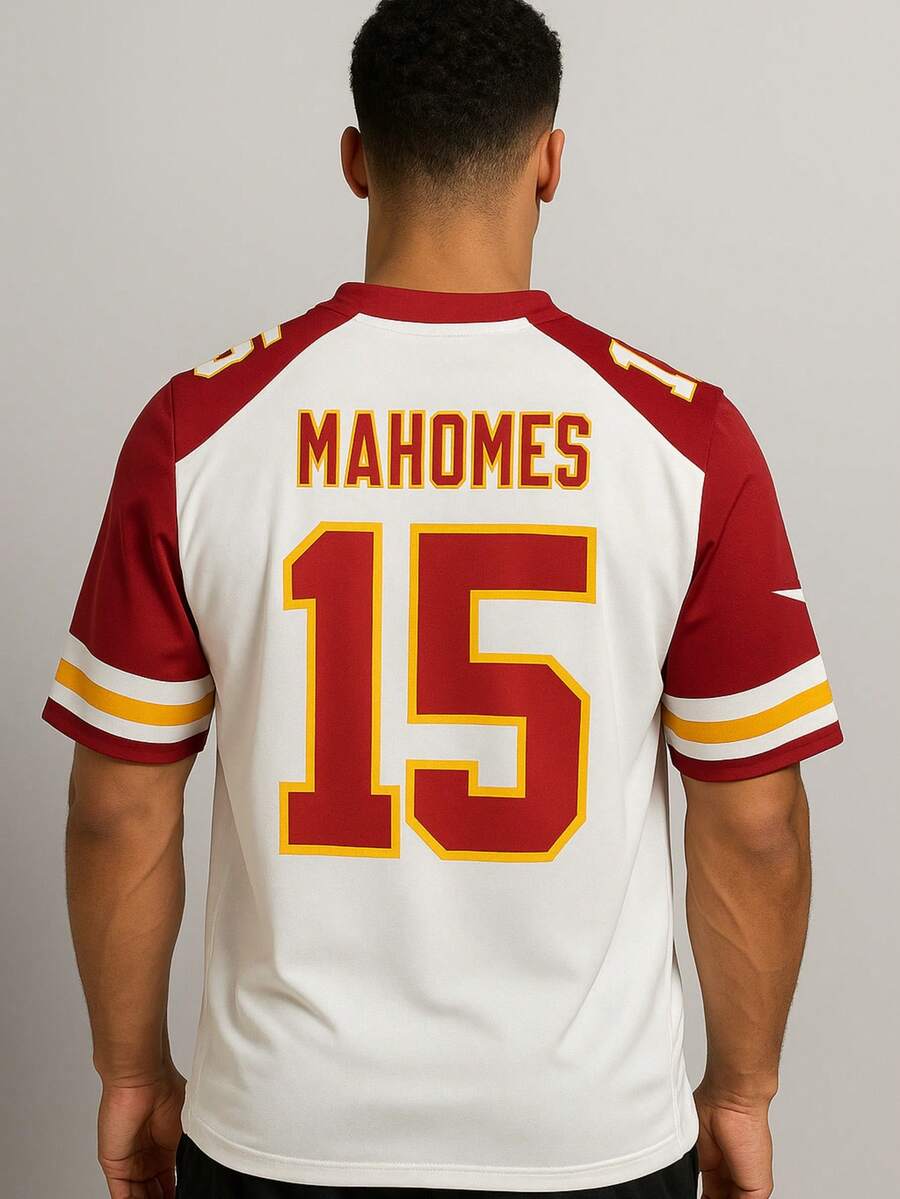 Jersey Hombre Estampado Frente Espalda Deportivo Chief Futbol Americano Camiseta Poliester Cuello V Manga Corta Secado Rapido - Blanco - Ver 1