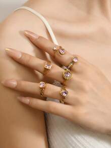 6 件优雅金色女士戒指套装，镶有水钻、圆形泪珠、心形、罗马字母，适合日常佩戴、婚礼、订婚、节日礼物 - 金色 - 查看 8