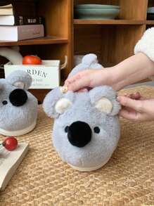 XIXITIAO 2025新款情侣款可爱考拉图案毛绒保暖室内防滑拖鞋，新奇居家鞋 - 淺灰色 - 查看 9