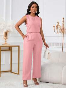 2 件套女士时尚休闲优雅无袖上衣和长裤套装，带斜口袋和纽扣细节 - 淺粉色 - 查看 8