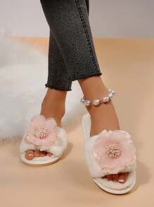 2025 New Floral Fluffy Slippers For Women, Flat Open Toe Non-Slip Indoor Outdoor Wear, Fur Slides With Chinese Style Bohemian Patch, Autumn/Winter