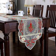 1pc Christmas Table Runner, Elegant European Style Party Tablecloth, Beige Organza With Bell Pattern, Suitable For Christmas Party, Daily Home Furniture & Kitchen Decor, Christmas & New Year Holiday Decoration, Multiple Sizes Available - Beige/Red - View 7
