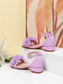 Summer Square Toe Square Heel Floral Decor Sandals, Girls High Heel Dance Shoes, Student Performance & Daily Activity Sandals - Purple - View 7