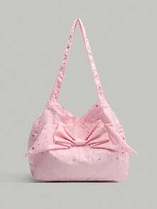 韩版小众褶皱蝴蝶结帆布背包，大容量通勤手提包，适合大学生，手提包和单肩包 - 粉色 - 查看 2