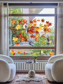 1 pièce Autocollants de fenêtre pour la décoration d'automne à la maison, avec série de petits oiseaux dessinés à la main et de branches, y compris un cardinal, des feuilles d'érable doré, un bulbul, un perroquet, des branches de moineaux. Autocollants statiques pour la chambre, le salon, la cuisine, la salle de bain, l'armoire