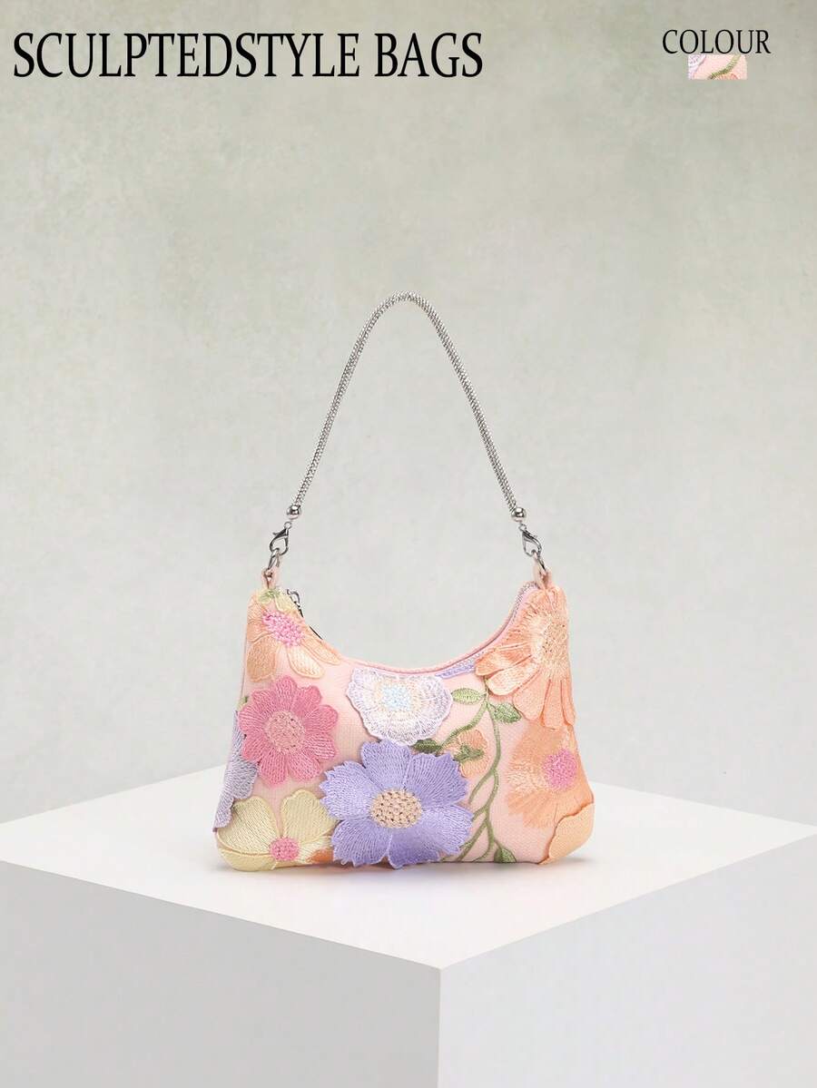1 件华丽网眼刺绣和提花 3D 花卉图案优雅单肩包，适合日常通勤、夏季海滩旅行和休闲度假（花卉图案随机发送）