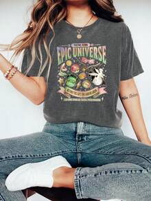 Epic Universe Fans  Graphic Tee, Summer And Spring Short Sleeve Crew Neck Casual Top, Women's Tee - 深灰色 - 查看 1