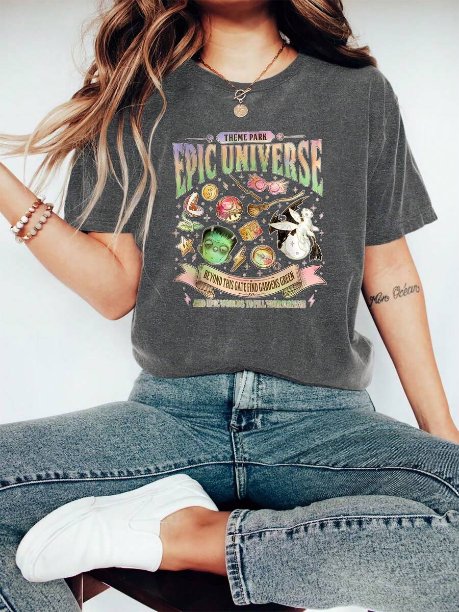 Epic Universe Fans Graphic Tee, Summer And Spring Short Sleeve Crew Neck Casual Top, Women's Tee - 深灰色 - 查看 1