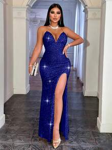 CHOSMO 海军蓝亮片金属链条吊带露背高腰开衩连衣裙，优雅女士正式礼服，适合舞会、鸡尾酒会、婚礼宾客、春季正式场合。 - 寶藍色 - 查看 9