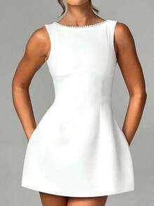 Women's Sleeveless Pearl Trim Crew Neck White Fit & Flare Dress, Elegant Outfit For Wedding Guest/Birthday Party/Evening Event, Classy White Dresses For Women - trắng - Xem 1