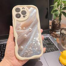 Funda para teléfono 1 funda para teléfono X/ 11/ 12/ 13/ 14/ 15/ 16 Pro |   Funda para teléfono Wave |   Chicas y hombres lindos |   Estampado con perlas de tela brillante Delicado y brillante lujo - Blanco - Ver 4